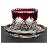 Vintage Bohemian Crystal Ruby Cut to Clear Toothpick Holder and Soap Dish