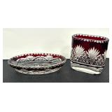 Vintage Bohemian Crystal Ruby Cut to Clear Toothpick Holder and Soap Dish
