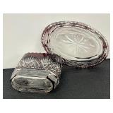 Vintage Bohemian Crystal Ruby Cut to Clear Toothpick Holder and Soap Dish