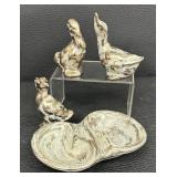 Vintage Stangl Pottery Colonial Silver Dish and Three Vintage Stangl Art Pottery Duck Figurines