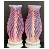 Pair of Vintage Fenton Cranberry Opalescent Swirl Hurricane Lamps
