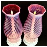 Pair of Vintage Fenton Cranberry Opalescent Swirl Hurricane Lamps