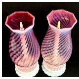 Pair of Vintage Fenton Cranberry Opalescent Swirl Hurricane Lamps