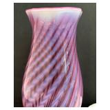 Pair of Vintage Fenton Cranberry Opalescent Swirl Hurricane Lamps