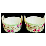 Pair of Vintage Open Salt Cellars / Porcelain Dip Dish / Basket Pink Roses Floral Painted
