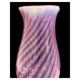 Pair of Vintage Fenton Cranberry Opalescent Swirl Hurricane Lamps