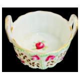 Pair of Vintage Open Salt Cellars / Porcelain Dip Dish / Basket Pink Roses Floral Painted