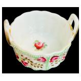 Pair of Vintage Open Salt Cellars / Porcelain Dip Dish / Basket Pink Roses Floral Painted