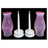 Pair of Vintage Fenton Cranberry Opalescent Swirl Hurricane Lamps