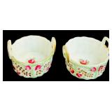 Pair of Vintage Open Salt Cellars / Porcelain Dip Dish / Basket Pink Roses Floral Painted