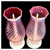 Pair of Vintage Fenton Cranberry Opalescent Swirl Hurricane Lamps