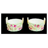 Pair of Vintage Open Salt Cellars / Porcelain Dip Dish / Basket Pink Roses Floral Painted