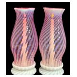 Pair of Vintage Fenton Cranberry Opalescent Swirl Hurricane Lamps