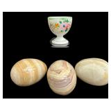Stunning Marble Eggs From Mexico and Hand Painted Floral Egg Cup