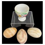 Stunning Marble Eggs From Mexico and Hand Painted Floral Egg Cup