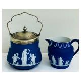Antique Wedgwood Dark Cobalt Blue Jasperware Pitcher and Vintage Wedgwood Dark Blue Jasperware Biscuit Barrel / Cookie Jar England