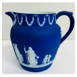 Antique Wedgwood Dark Cobalt Blue Jasperware Pitcher and Vintage Wedgwood Dark Blue Jasperware Biscuit Barrel / Cookie Jar England