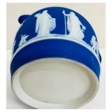 Antique Wedgwood Dark Cobalt Blue Jasperware Pitcher and Vintage Wedgwood Dark Blue Jasperware Biscuit Barrel / Cookie Jar England