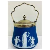 Antique Wedgwood Dark Cobalt Blue Jasperware Pitcher and Vintage Wedgwood Dark Blue Jasperware Biscuit Barrel / Cookie Jar England