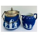 Antique Wedgwood Dark Cobalt Blue Jasperware Pitcher and Vintage Wedgwood Dark Blue Jasperware Biscuit Barrel / Cookie Jar England