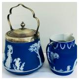 Antique Wedgwood Dark Cobalt Blue Jasperware Pitcher and Vintage Wedgwood Dark Blue Jasperware Biscuit Barrel / Cookie Jar England