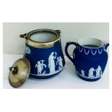Antique Wedgwood Dark Cobalt Blue Jasperware Pitcher and Vintage Wedgwood Dark Blue Jasperware Biscuit Barrel / Cookie Jar England