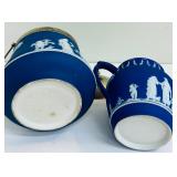 Antique Wedgwood Dark Cobalt Blue Jasperware Pitcher and Vintage Wedgwood Dark Blue Jasperware Biscuit Barrel / Cookie Jar England