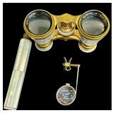 Vintage 19th Century Mother-of-Pearl Opera Glasses and Clip-On Magnifying Glass