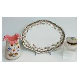 Antique Limoges P&B 12" Plate, Antique Victorian Bohemian Hand Painted Enamel Violet Flower Satin Uranium Glass Vase and Victorian White/Pink Bristol Glass