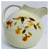 Vintage Hall’s Superior Quality Kitchenware Stoneware Pitcher with Ice Lip Round Shape Autumn Leaf MCM Mid Century Brown Orange Cream