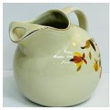 Vintage Hall’s Superior Quality Kitchenware Stoneware Pitcher with Ice Lip Round Shape Autumn Leaf MCM Mid Century Brown Orange Cream