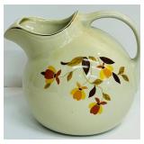 Vintage Hall’s Superior Quality Kitchenware Stoneware Pitcher with Ice Lip Round Shape Autumn Leaf MCM Mid Century Brown Orange Cream