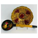 Vintage Goofus Glass Bowl Reverse Painted and Vintage Khokhloma Russian Wooden Spoon Hand Painted Folk Souvenir Art Decor Fish