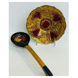 Vintage Goofus Glass Bowl Reverse Painted and Vintage Khokhloma Russian Wooden Spoon Hand Painted Folk Souvenir Art Decor Fish