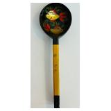 Vintage Goofus Glass Bowl Reverse Painted and Vintage Khokhloma Russian Wooden Spoon Hand Painted Folk Souvenir Art Decor Fish