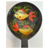 Vintage Goofus Glass Bowl Reverse Painted and Vintage Khokhloma Russian Wooden Spoon Hand Painted Folk Souvenir Art Decor Fish