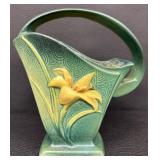 Antique Roseville Art Pottery Zephyr Lily Handled Basket Vase - 394-8" - Circa 1940