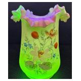 Antique Limoges P&B 12" Plate, Antique Victorian Bohemian Hand Painted Enamel Violet Flower Satin Uranium Glass Vase and Victorian White/Pink Bristol Glass