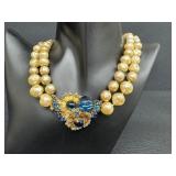 Vintage Signed DeMario Necklace / Vintage Signed DeMario Faux Pearl and Rhinestone Necklace