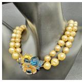 Vintage Signed DeMario Necklace / Vintage Signed DeMario Faux Pearl and Rhinestone Necklace
