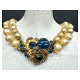 Vintage Signed DeMario Necklace / Vintage Signed DeMario Faux Pearl and Rhinestone Necklace