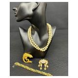 Vintage Monet Fish Brooch, Monet Faux Pearl Necklace and Vintage Crown Trifari Brooch