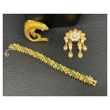 Vintage Monet Fish Brooch, Monet Faux Pearl Necklace and Vintage Crown Trifari Brooch