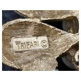 Vintage Monet Fish Brooch, Monet Faux Pearl Necklace and Vintage Crown Trifari Brooch