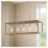 Hampton Bay Boswell Quarter 34 in. 5-Light Brushed Nickel Farmhouse Linear Chandelier with Weathered Wood Accents   Customer Returns See Pictures