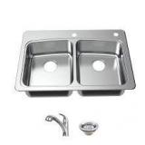 Glacier Bay 33 in. Drop-In 50/50 Double Bowl 20 Gauge Stainless Steel Kitchen Sink with Pull-Out Faucet Customer Returns See Pictures