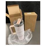 2 X 40 oz Tumblers with Handle, Straw, and Lid - Pink Marble Design