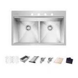 Glacier Bay Zero Radius 33 in. Undermount 50/50 Double Bowl 18 Gauge Stainless Steel Kitchen Sink with Accessories Customer Returns See Pictures