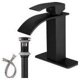 BWE Waterfall Single Hole Single Handle Bathroom Vessel Sink Faucet With Pop-up Drain Assembly in Matte Black Customer Returns See Pictures