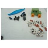 Toy Lot trucks, cows, canoe, foam truck